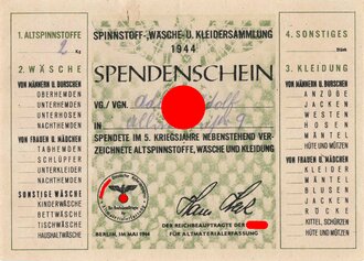 "Spendenschein" Spinnstoffe-Wäsche- u. Kleidersammlung 1944, DIN A6