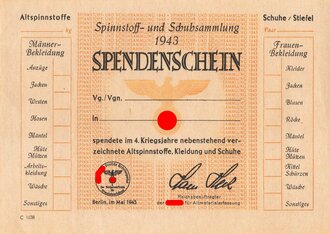"Spendenschein" Spinnstoffe- und Schuhsammlung 1943, blanko DIN A6