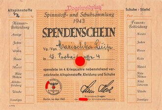 "Spendenschein" Spinnstoffe- und Schuhsammlung 1943, DIN A6