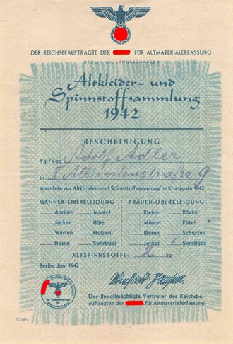 "Altkleider- und Spinnstoffsammlung 1942"...