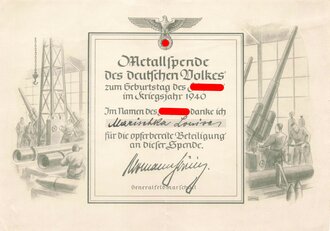 "Metallspende des deutschen Volkes" Spenden Urkunde datiert 1940, DIN A5, geknickt