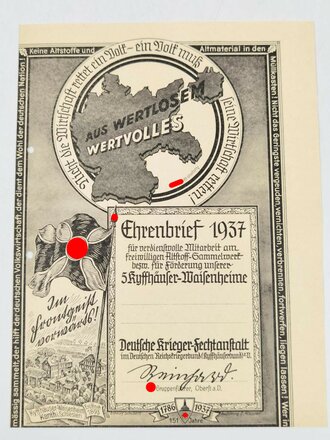 Deutsche Krieger Fechtanstalt "Ehrenbrief 1937" Blanko Urkunde für Altstoff Sammelwerk bzw. Förderung der 56. Kyffhäuser-Waisenheime, gelocht, über DIN A4