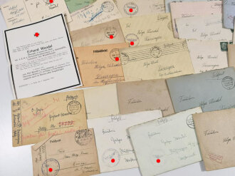 Konvolut Feldpost einer Familie aus Rüssingen ( Pfalz ) 44 Briefe, der letzte vom 31.7.44 mit Hinweis " gefallen für Großdeutschland" dazu die Todesanzeige