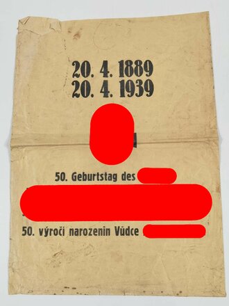 NSV Große Spendentüte "20. 4.1889 - 20. 4.1939 - 50. Geburtstag des Führers Adolf Hitler, DIN A2, zerknittert und eingerissen