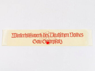 Winterhilfswerk Gau Saarpflaz, Banderole für die Sammelbüchse "Winterhilfwerk des deutschen Volkes", 7 x 38 cm, verschmutzt