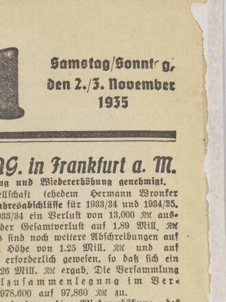 "An die Front" Blatt einer Zeitung aus Frankfurt, datiert 2./3.November 1935