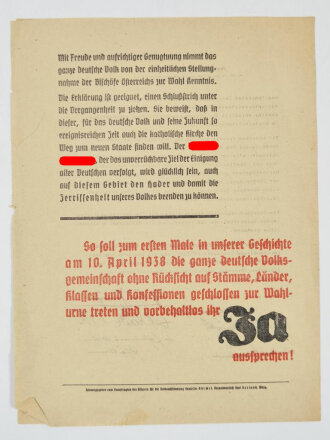 Flugblatt "Die Bischöfe Österreichs schrieben für die Wahl an Gauleiter Bürckel" 4-seitig, über DIN A4