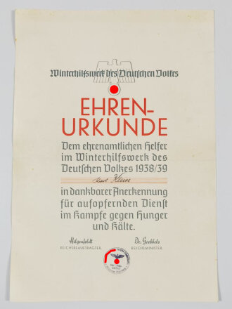 Winterhilfswerk Ehrenurkunde für einen ehrenamtlichen Helfer im Winterhilfswerk 1938-39, unter DIN A3, fleckig, geknickt,