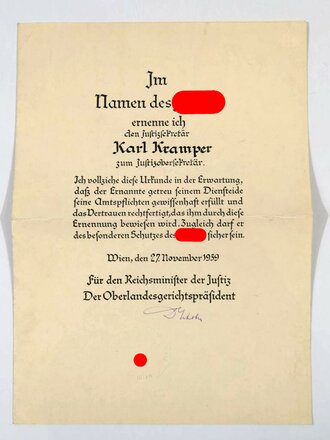 Großformatige Ernennungsurkunde zum Justizobersekretär, ausgestellt Wien 27.11.39, mittig gefaltet