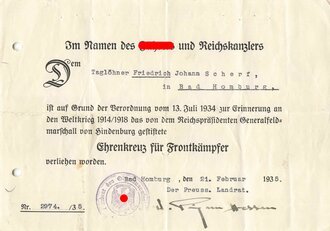 Wolfgang Moritz Prinz von Hessen, eigenhändige Unterschrift als preussischer Landrat 1935, auf Verleihungsurkunde zum Ehrenkreuz für Frontkämpfer