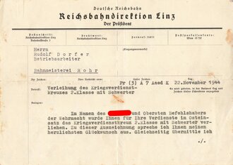 Glückwunschschreiben der Reichsbahndirektion Linz bzgl Verleihung des Kriegsverdienstkreuz 2.Klasse mit Schwerter  an einen Betriebsarbeiter