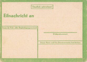 Lebenszeichenkarte grün ( an Feldpostnummer)  Blanko, wurde nach den Bombennächten im Reichsgebiet verschickt, wenn die eigene Behausung nicht mehr bewohnbar war