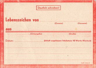 Lebenszeichenkarte Blanko, wurde nach den Bombennächten im Reichsgebiet verschickt, wenn die eigene Behausung nicht mehr bewohnbar war