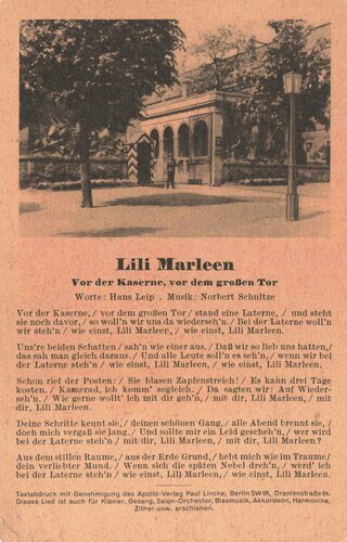 Ansichtskarte "Lili Marleen - Vor der Kaseren, vor dem großen Tor"