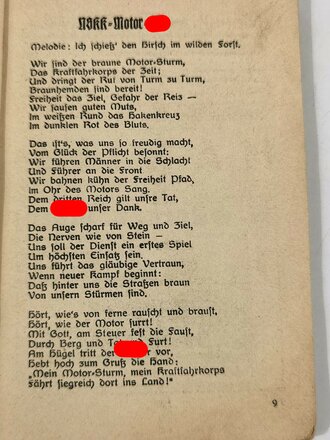 "NS Liederbuch" Eine Sammlung der bekanntesten NS Kampf-Marsch-u.vaterländischer Lieder. 2.Auflage 1934 mit 96 Seiten. Buchrücken neuzeitlich geklammert und geklebt