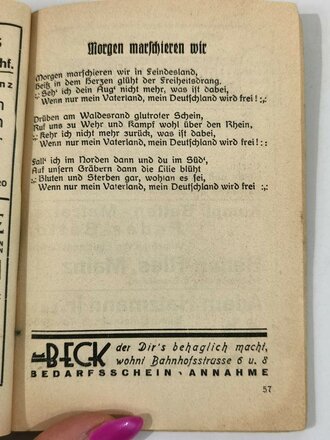 "NS Liederbuch" Eine Sammlung der bekanntesten NS Kampf-Marsch-u.vaterländischer Lieder. 2.Auflage 1934 mit 96 Seiten. Buchrücken neuzeitlich geklammert und geklebt