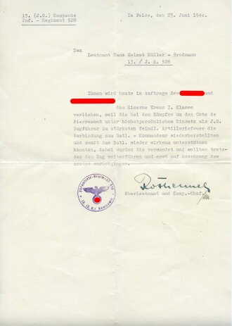 Anschreiben zur Verleihung des Eisernen Kreuzes 1. Klasse...