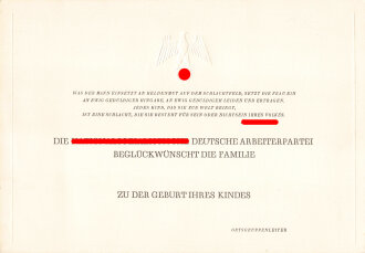 Glückwunschurkunde der NSDAP "Zu der Geburt Ihres Kindes" DIN A5 querformat, Rand und Adlerprägung erhaben, blanko