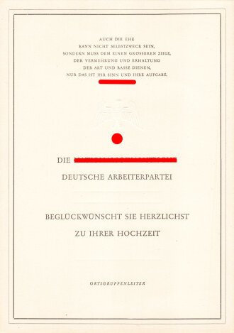 Glückwunschurkunde der NSDAP "Zu Ihrer Hochzeit" DIN A5 querformat, Rand und Adlerprägung erhaben, blanko