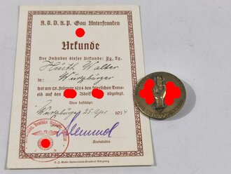 "Treueschwur 25.2.1934 Gau Mainfranken, Massives Abzeichen mit zugehöriger Urkunde