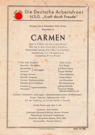 Programm für eine Oper " Carmen" am 6.12.1943, Rückseitig Anweisungen für Flieger Alarm und Luftschutzz