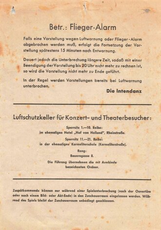 Programm für eine Oper " Carmen" am 6.12.1943, Rückseitig Anweisungen für Flieger Alarm und Luftschutzz