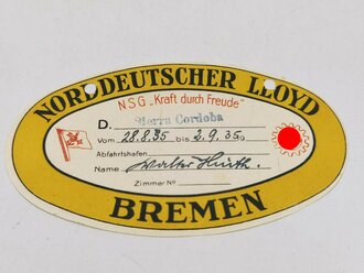 Kofferaufkleber für eine KDF Reise  auf der " Sierra Cordoba 1935" Norddeutscher Lloyd Bremen, Breite 14,5cm
