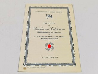 Preisliste für "Getränke und Tabakwaren" einer KDF Reise der "Stuttgart" 1938/39