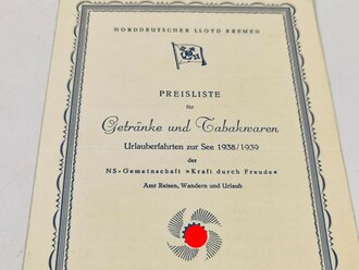 Preisliste für "Getränke und Tabakwaren" einer KDF Reise der "Stuttgart" 1938/39