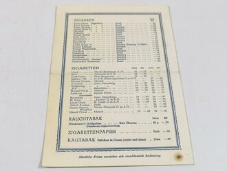 Preisliste für "Getränke und Tabakwaren" einer KDF Reise der "Stuttgart" 1938/39