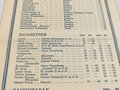 Preisliste für "Getränke und Tabakwaren" einer KDF Reise der "Stuttgart" 1938/39