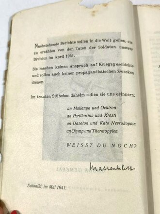 "Kampf unserer Division in Griechenland" datiert 1941 mit 157 Seiten, schlechter Zustand