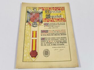 Urkundenpaar für einen Angehörigen der Legion Condor. Verleihungsurkunde zum Spanienkreuz in Silber mit Schwertern sowie grossformatige Verleihungsurkunde zum " Cruz Roja del Merito Militar" Beides in gutem  Zustand, dazu eine "Übersetzung"