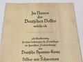 Urkundenpaar für einen Angehörigen der Legion Condor. Verleihungsurkunde zum Spanienkreuz in Silber mit Schwertern sowie grossformatige Verleihungsurkunde zum " Cruz Roja del Merito Militar" Beides in gutem  Zustand, dazu eine "Übersetzung"