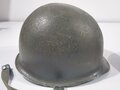 U.S. Vietnam era steel helmet. WWII front seam shell original painted, Liner dated 69, Mitchell pattern cover. Well used helmet