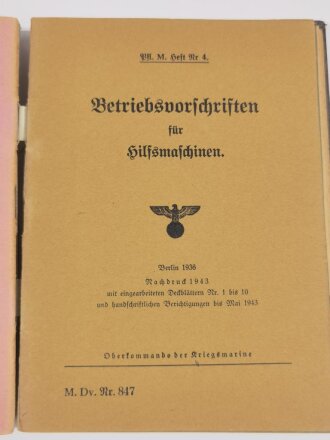 Kriegsmarine " M.Dv.Nr.847 Vorschriften für die Pfege der Maschinenanlagen auf den Schiffen der Kriegsmarine"  von 1943, die Deckblätter jeweils entnazifiziert