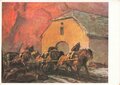 Künstler-Hilfswerk 1937, Ansichtskarte, Artillerie fährt durch ein brennendes Dorf