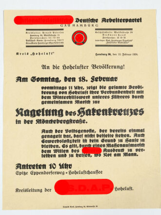 NSDAP Flugblatt "An die Hohelufter Bevölkerung!", Hamburg 1934, über DIN A4, guter Zustand