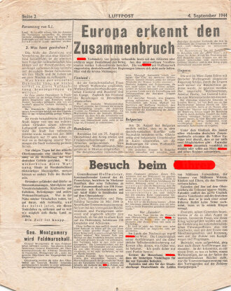 Großbritannien 2. Weltkrieg, "Luftpost - Die Schlacht um Deutschland", Flugblatt Nr 45, 4. September 1944, ca. DIN A4