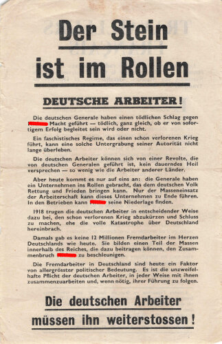 Flugblatt "Der Stein ist im Rollen!" XG.19, ca. DIN A5, französische Rückseite, rissig