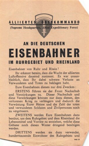 Flugblatt "An die Deutschen Eisenbahner im Ruhrgebiet und Rheinland" WG 29, ca. DIN A5