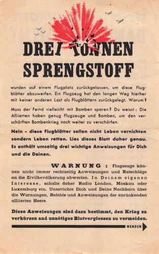 U.S.A. / Großbritannien WWII, "Drei Tonnen Sprengstoff", Flugblatt WG.43, Einsatzzeit 1945, guter Zustand