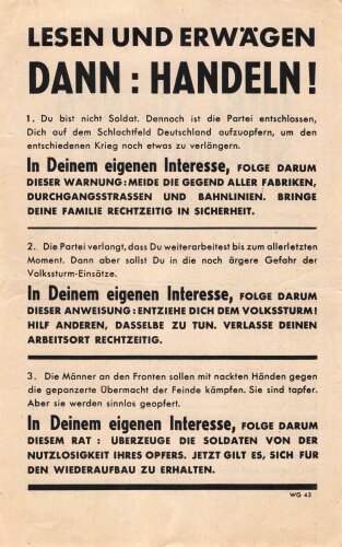 U.S.A. / Großbritannien WWII, "Drei Tonnen Sprengstoff", Flugblatt WG.43, Einsatzzeit 1945, guter Zustand