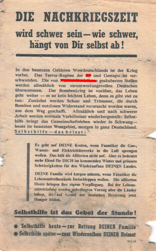 U.S.A. WWII, "Die Nachkriegszeit wird schwer sein" Flugblatt WG 19, ca. DIN A5