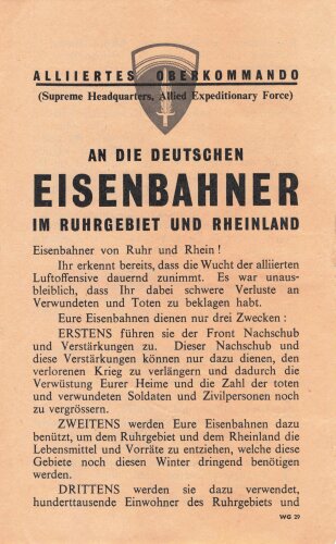 Flugblatt "An die Deutschen Eisenbahner im Ruhrgebiet und Rheinland" WG 29, ca. DIN A5