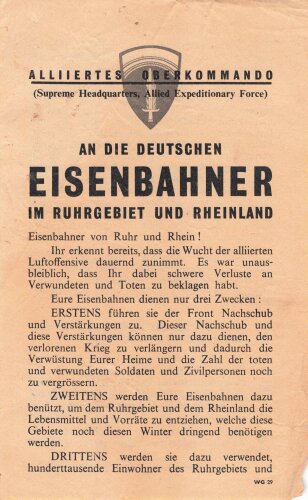 Flugblatt "An die Deutschen Eisenbahner im Ruhrgebiet und Rheinland" WG 29, ca. DIN A5