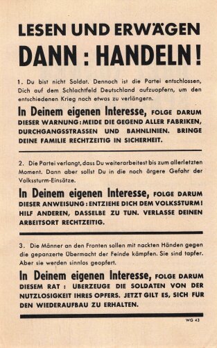 U.S.A. / Großbritannien WWII, "Drei Tonnen Sprengstoff", Flugblatt WG.43, Einsatzzeit 1945, guter Zustand