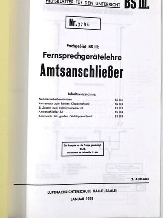Fachgebiet BS III: Fernsprechgerätelehre Amtsanschließer, 2. Auflage, Luftnachrichtenschule, Januar 1938, Nr. 3790, neuzeitliche Kopie