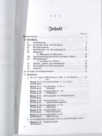 D 857/3 Gerätenachweis für einen Peiltrupp a (mot) auf leichten Lastkraftwagen, offen (o), vom 20.1.40, unveränderter Nachdruck 1942, 63 Seiten