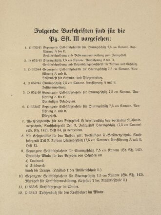 Merkheft für Kraftfahrausbildung "Gepanzerte Selbstfahrlafette für Sturmgeschütz 7,5cm Kanone" datiert 1942. Din A4, 49 Seiten, komplett, Deckblatt lose